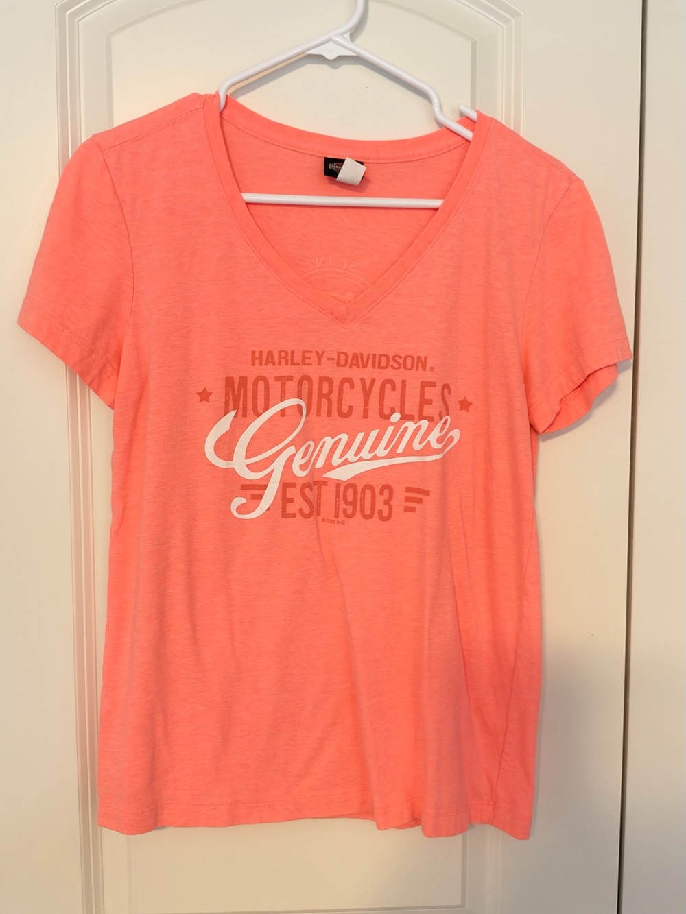 Harley-Davidson Women's V-Neck Tee in Coral Pink with White Graphic